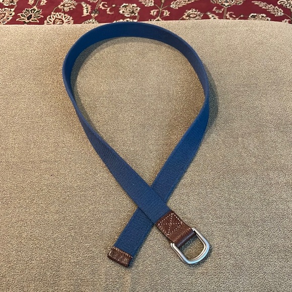 Lands' End Woven Canvas Belt With Leather Trim Navy Blue Silver Buckle XL (TD) - Picture 1 of 5